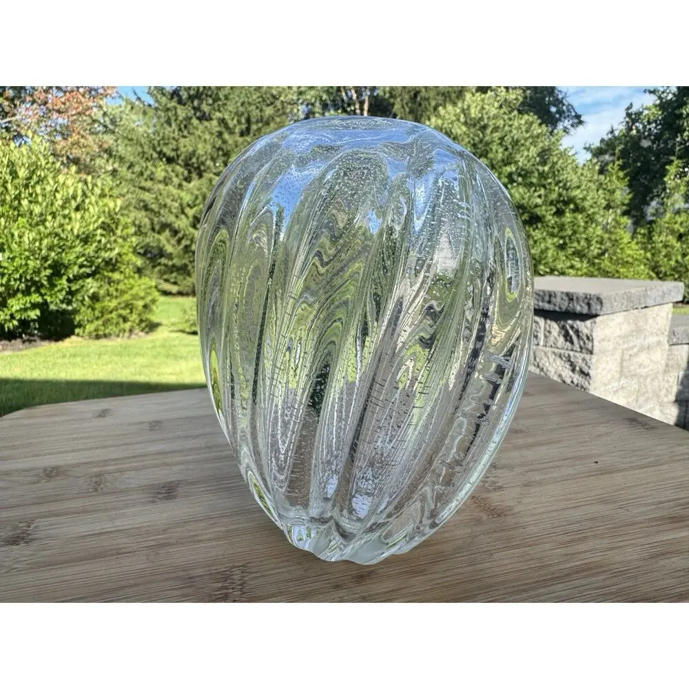 Archimede Seguso Hand Blown Murano Art Glass Vase Clear with Silver Flex 7” H